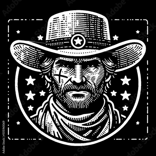 Vintage Hand-Drawn Classic Sheriff Face with Badge Illustration – Western Lawman Engraved Style Vector for T-Shirts, Posters, Stickers, and Cowboy Themes