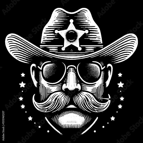Vintage Hand-Drawn Classic Sheriff Face with Badge Illustration – Western Lawman Engraved Style Vector for T-Shirts, Posters, Stickers, and Cowboy Themes