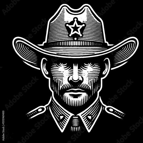 Vintage Hand-Drawn Classic Sheriff Face with Badge Illustration – Western Lawman Engraved Style Vector for T-Shirts, Posters, Stickers, and Cowboy Themes