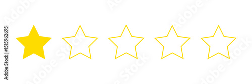 one star rating single icon. Feedback stars rating flat design. Costumer review in golden stars color for apps, website and shop.