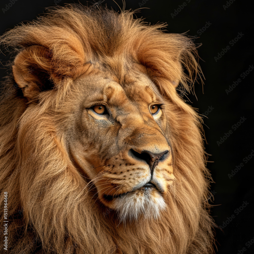 Fototapeta premium The lion is portrayed in a fierce and focused manner, its intense stare the essence of its wild nature, reveal the lion detailed features and wild charm.
