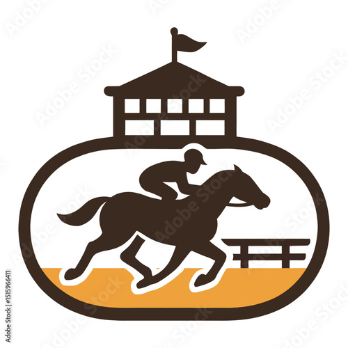 Horse racing icon with jockey at racetrack, vector graphic.