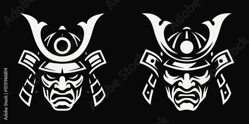 Samurai warrior helmet logo in black and white style.