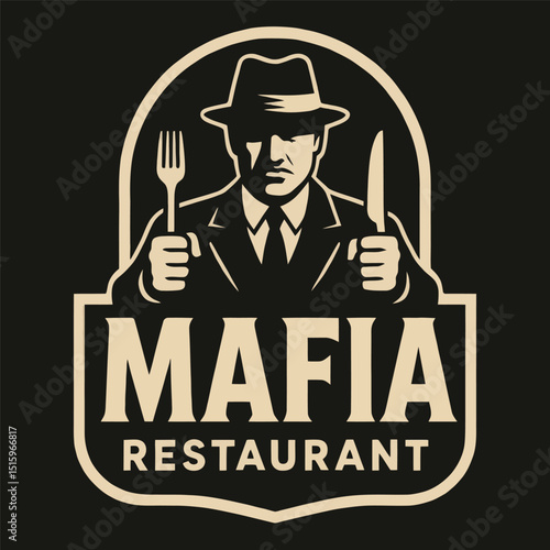 Mafia restaurant logo with gangster holding fork and knife.