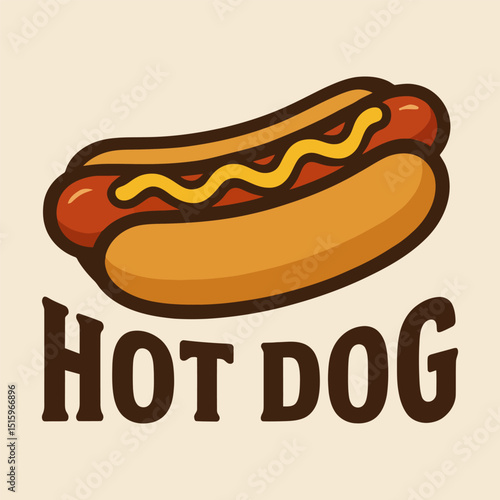 Hot dog illustration with mustard on a bun and bold text.