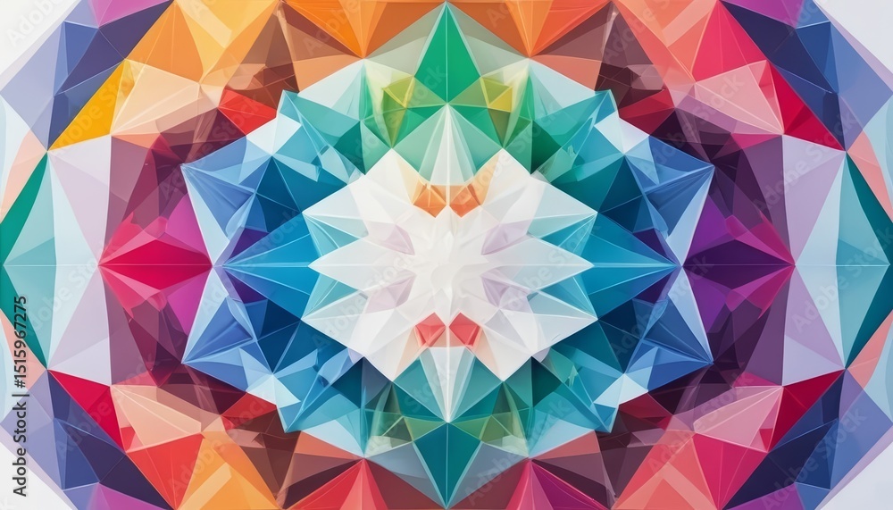 Obraz premium A vibrant geometric pattern featuring colorful triangular shapes in shades of blue, green, orange, and pink. The design creates a symmetrical and modern visual effect.