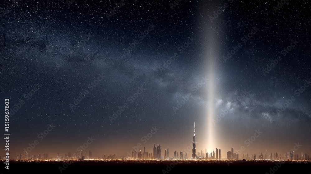 Night City Skyline Milky Way Galaxy Dramatic Light Beam Starry Night Urban Landscape Night City Skyline Milky Way Galaxy Dramatic Light Beam Starry Night Urban Landscape