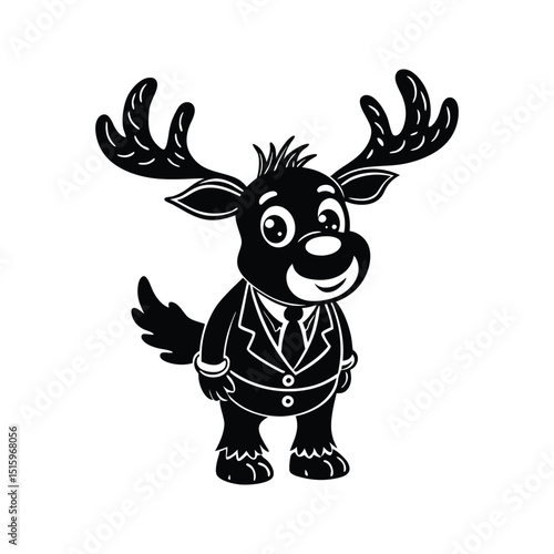 Cartoon illustration of a smiling reindeer wearing a suit and standing upright