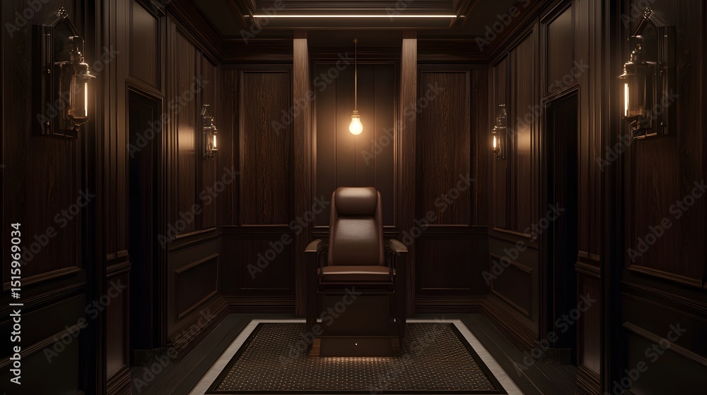 Fototapeta premium Dark Wood Paneling Room Luxury Leather Chair Elegant Interior Design