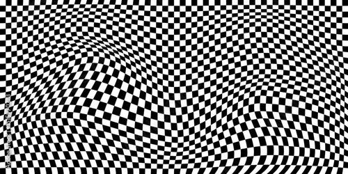 Warped black and white checkered pattern. Distorted chessboard grid creating an optical illusion effect. Wavy background for retro, psychedelic, visual designs. Abstract vector illustration.
