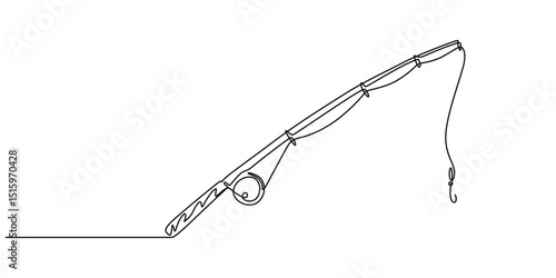 Continuous Line Drawing Of Fishing Rod. One Line Of Fishing Equipment. Fishing Rod Continuous Line Art. Editable Outline, Continuous one line drawing of a fish on a rod. Fishing hobby concept. Simple.