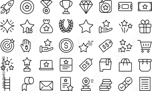 Collection of minimalist line art icon designs representing rewards and achievements