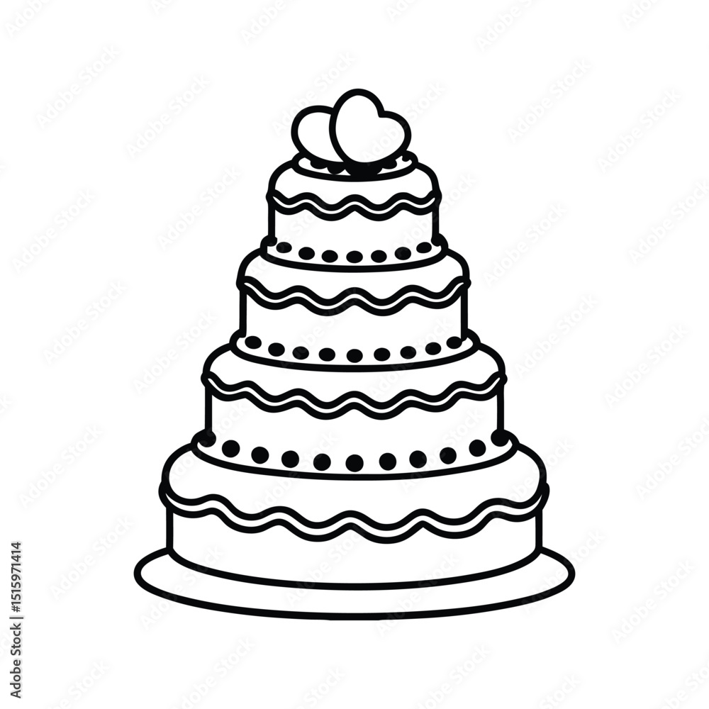 Elegant black and white line art of a multi tiered wedding cake with heart decorations Elegant black and white line art of a multi tiered wedding cake with heart decorations