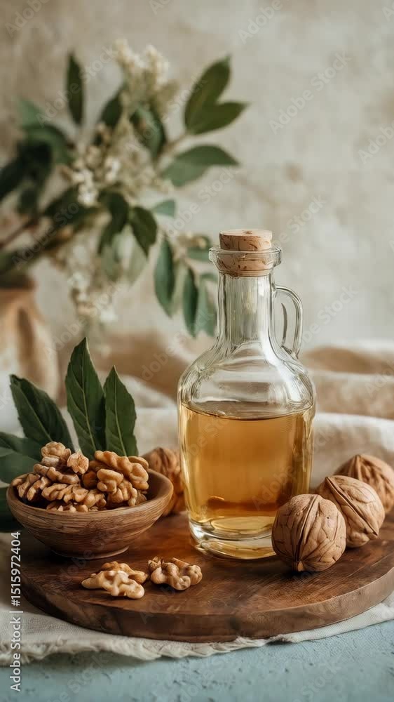 Still life shot of fresh walnuts in wooden bowl with walnut oil in glass bottle placed on wooden board and soft cloth Still life shot of fresh walnuts in wooden bowl with walnut oil in glass bottle placed on wooden board and soft cloth
