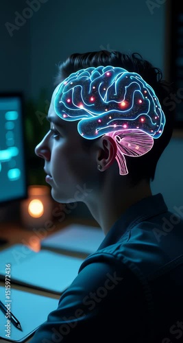 woman sitting desk computer brain