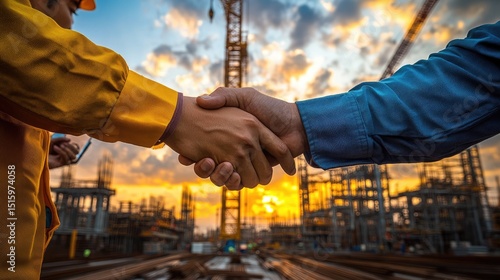 A firm handshake seals an agreement at a construction site as a backdrop of industry and opportunity capturing partnership. Construction Deal, construction engineering, construction and industry