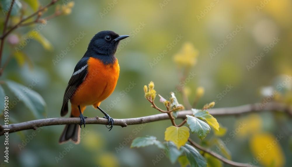 Bird perched on a branch in serene forest setting Bird perched on a branch in serene forest setting
