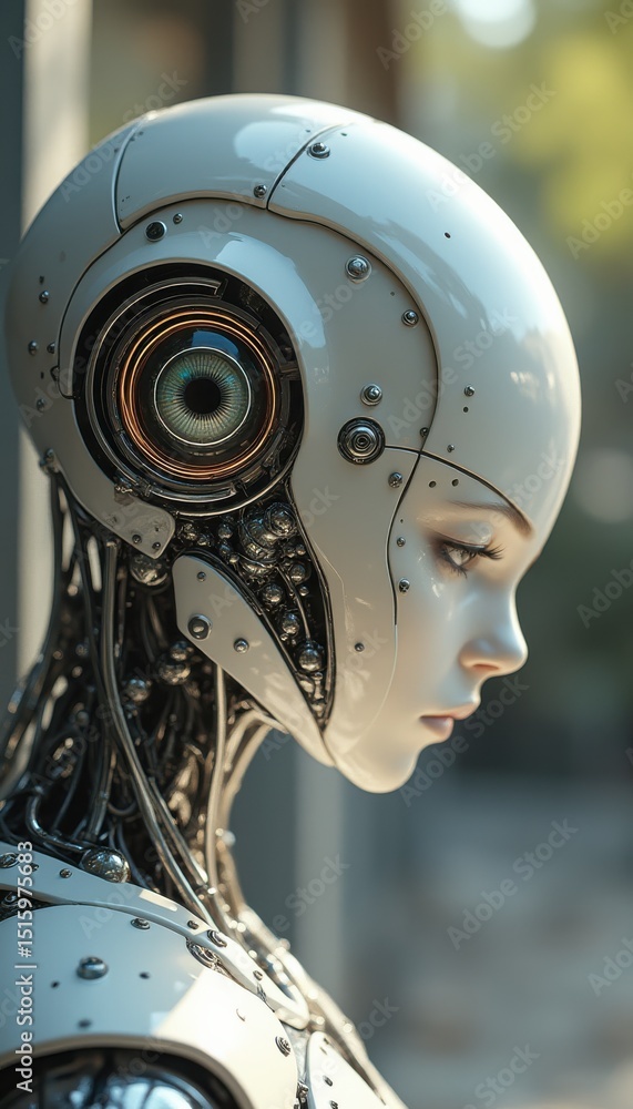 Fototapeta premium Serene female robot in urban outdoor setting during daytime