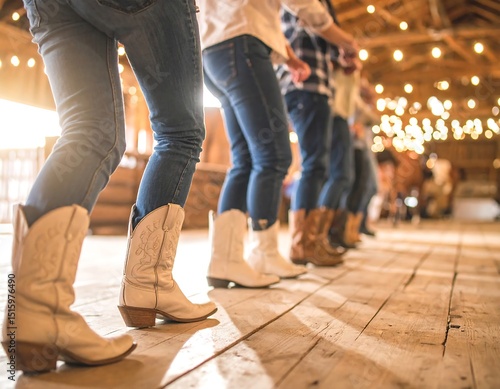 People dancing in line, wearing cowboy boots