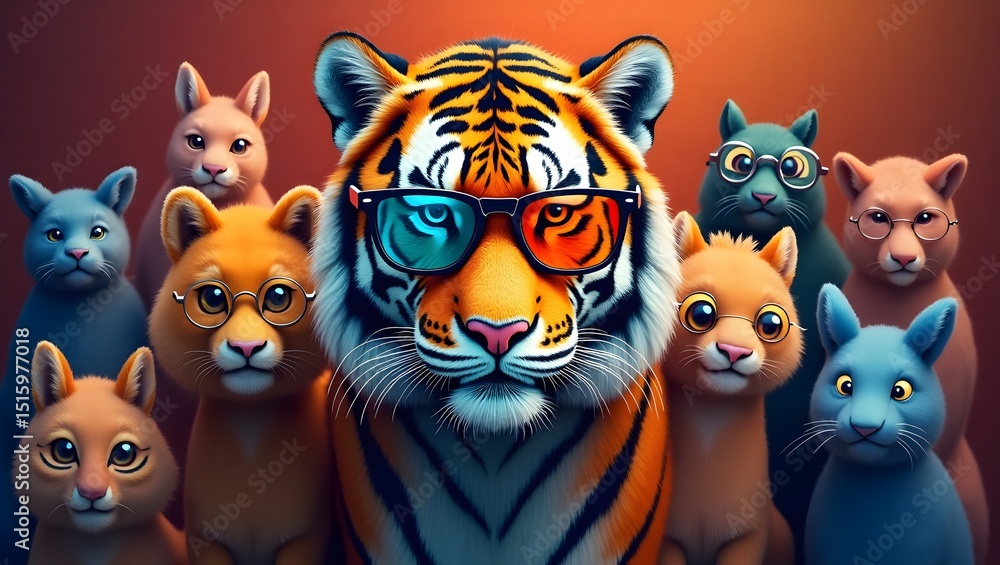 Fototapeta premium Adorable tiger and cute cat friends wearing glasses on warm orange background