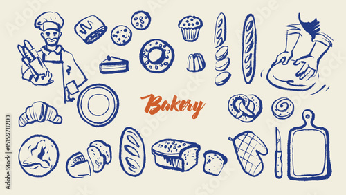 Whimsical baking set with chef, ingredients and pastry in sketch style. Vintage cozy kitchen, culinary and bakery hand drawn vector illustration