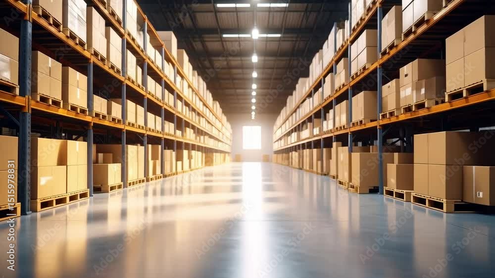 Vast warehouse interior with rows of tall metal shelves stocked with cardboard boxes ready for distribution and shipping. Vast warehouse interior with rows of tall metal shelves stocked with cardboard boxes ready for distribution and shipping.