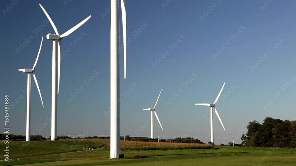 Wind turbines generating renewable energy in sunny countryside landscape Wind turbines generating renewable energy in sunny countryside landscape