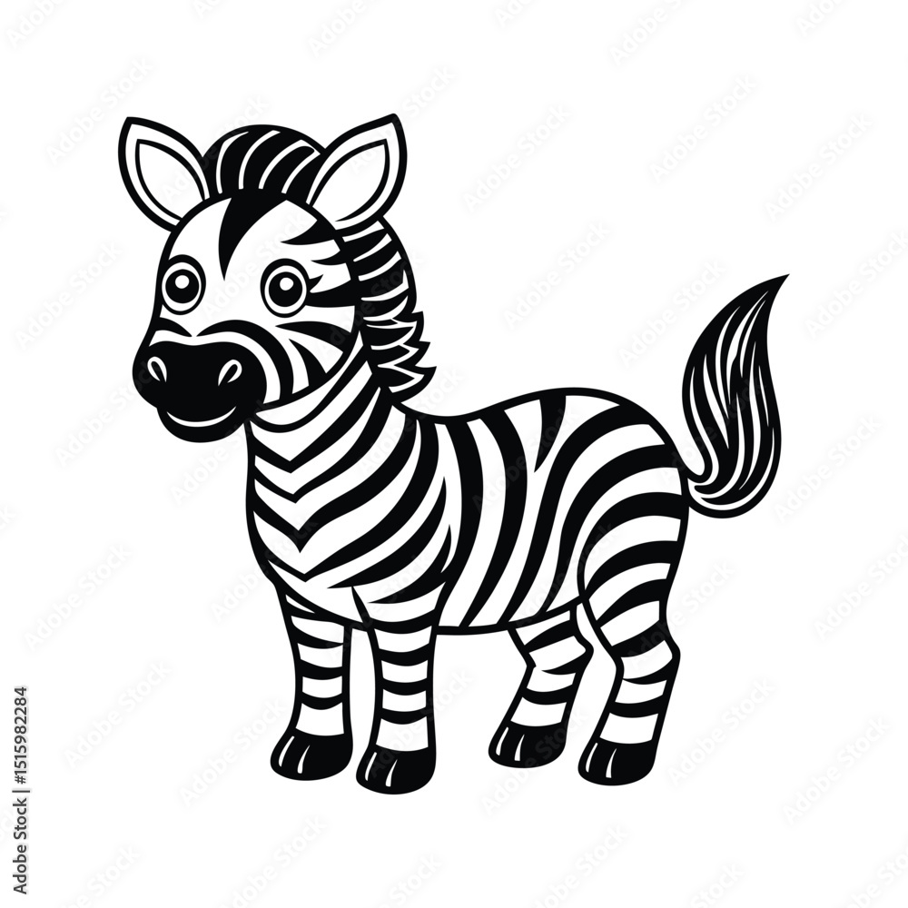 Obraz premium Adorable cartoon zebra illustration in black and white on a clean white background