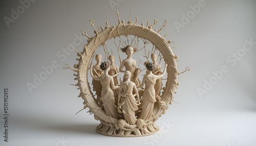 clo
Beige Ceramic Sculpture of Figures in a Circle.