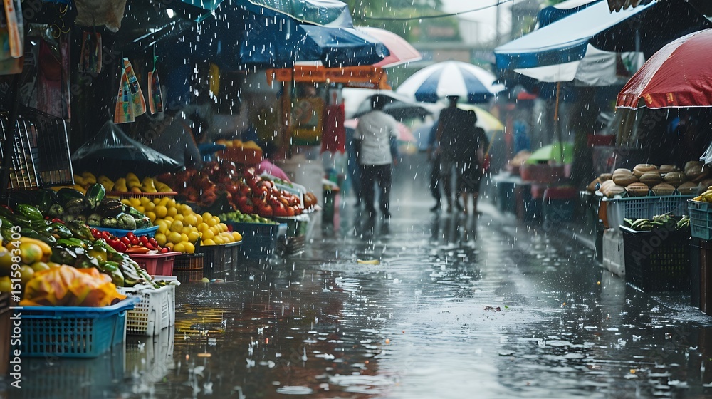 Naklejka premium Rainy Day at the Market People Under Umbrellas
