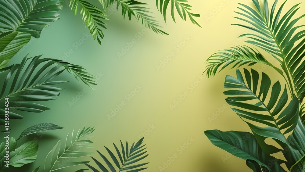 View of Gradient soft green and yellow with tropical leaves, purpose for background View of Gradient soft green and yellow with tropical leaves, purpose for background