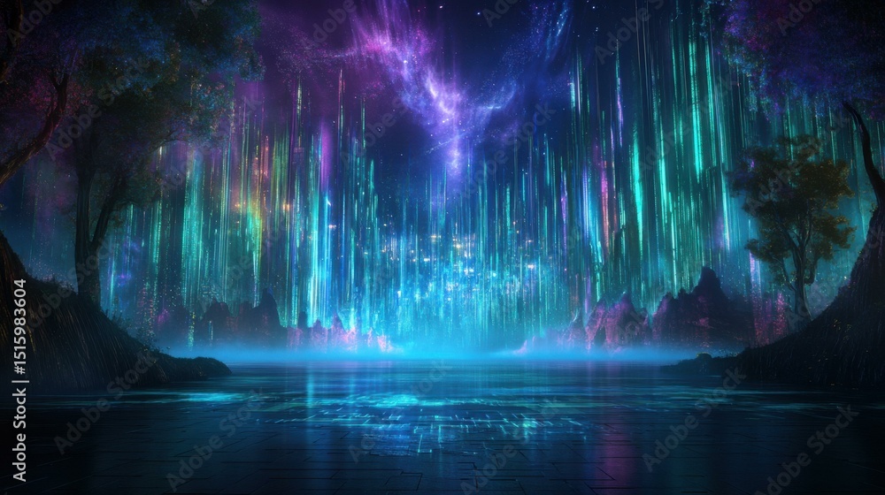Obraz premium Ethereal night landscape with trees and light streaks