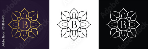 Stylized letter B monogram with eight petal floral lotus in gold, white, and black variations. Perfect for luxury branding, logo design, and boutique identity templates.