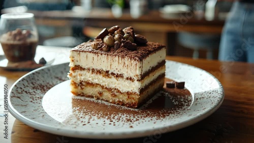 A slice of tiramisu on a white plate, topped with cocoa powder and hazelnuts.
