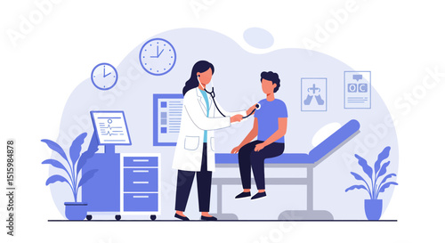 Flat vector illustration of a female doctor examining a patient with a stethoscope in a clinic or hospital room. Ideal for medical checkups and healthcare