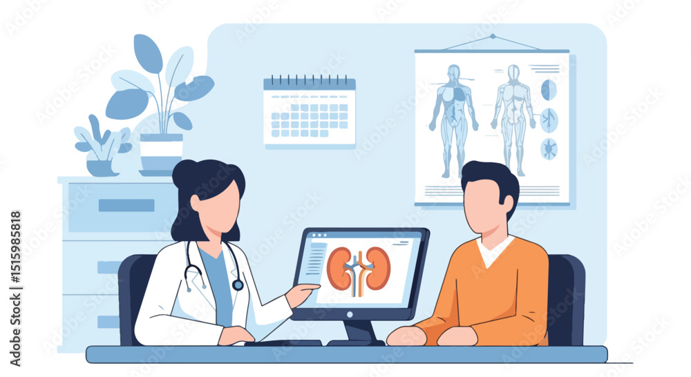 Adobe Illustrator Artwork Professional flat vector illustration of a female doctor explaining kidney health on a monitor to a patient. Ideal for urology, medical consultation, and patient education Adobe Illustrator Artwork Professional flat vector illustration of a female doctor explaining kidney health on a monitor to a patient. Ideal for urology, medical consultation, and patient education