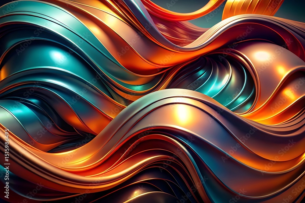 Abstract metallic waves with iridescent teal and copper hues creating a dynamic and modern flowing background design with smooth, shiny textures Abstract metallic waves with iridescent teal and copper hues creating a dynamic and modern flowing background design with smooth, shiny textures