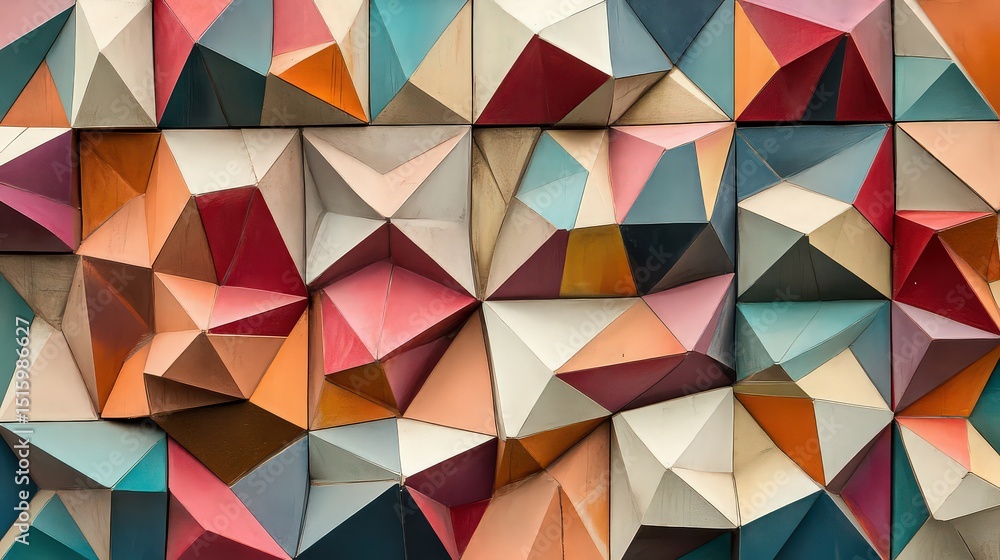 Geometric pattern featuring triangular shapes in shades of pink orange and teal creating a textured wall Geometric pattern featuring triangular shapes in shades of pink orange and teal creating a textured wall