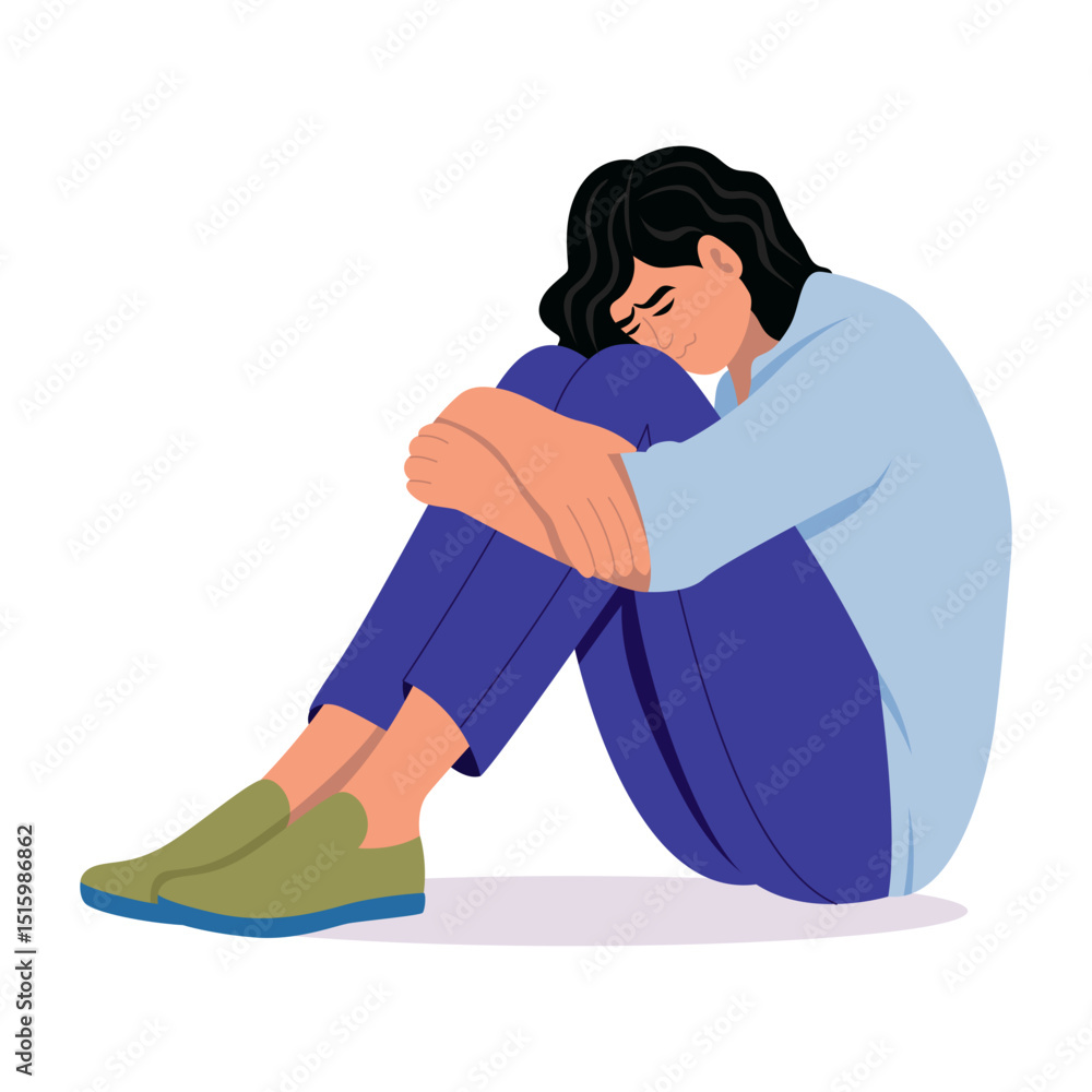 Naklejka premium Flat style illustration showing a character quietly grieving alone