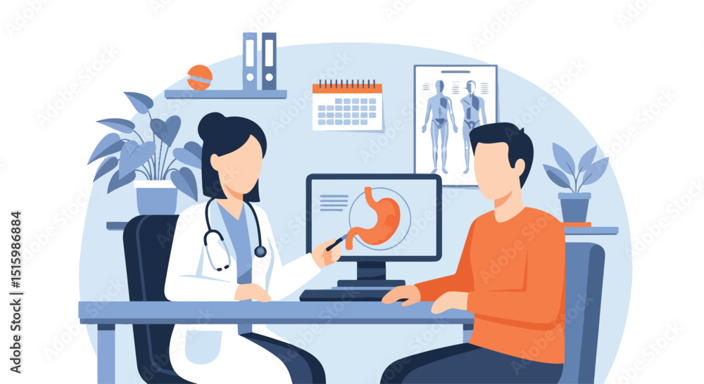 Adobe Illustrator Artwork Flat vector illustration of a female doctor showing a stomach scan on a computer to a patient during a medical consultation. Ideal for gastroenterology and health checkup Adobe Illustrator Artwork Flat vector illustration of a female doctor showing a stomach scan on a computer to a patient during a medical consultation. Ideal for gastroenterology and health checkup