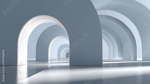 3D illustration of abstract minimalist architecture background with geometric building design and chrome metal arch elements. Futuristic and modern building concept