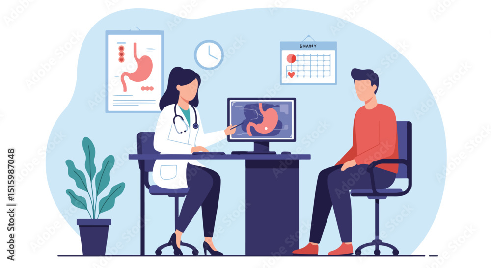 Adobe Illustrator Artwork Flat vector illustration of a female doctor showing a stomach scan on a computer to a patient during a medical consultation. Ideal for gastroenterology and health checkup Adobe Illustrator Artwork Flat vector illustration of a female doctor showing a stomach scan on a computer to a patient during a medical consultation. Ideal for gastroenterology and health checkup