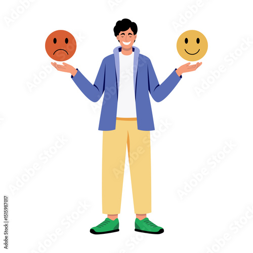 A flat style illustration showing a character having emotional mood swings