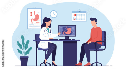 Adobe Illustrator Artwork Flat vector illustration of a female doctor showing a stomach scan on a computer to a patient during a medical consultation. Ideal for gastroenterology and health checkup