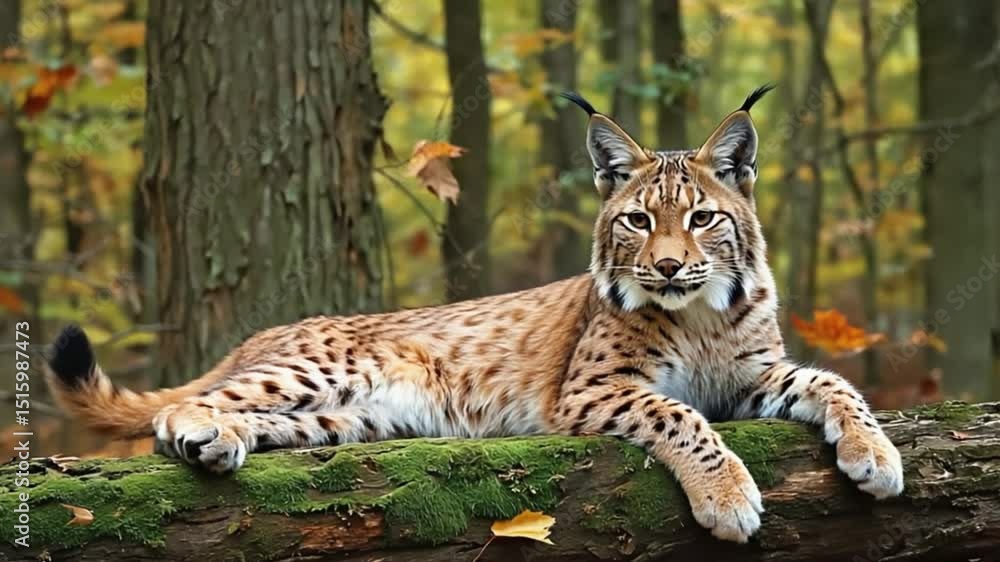Resting Wildcat Portrait on Mossy Log in Forest Habitat Resting Wildcat Portrait on Mossy Log in Forest Habitat