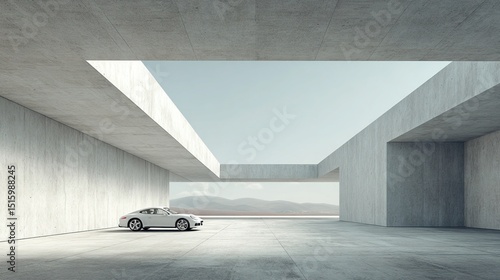 3D rendering of abstract modern concrete architecture with empty cement floor and minimalist exterior design showing clean lines and geometric shapes.