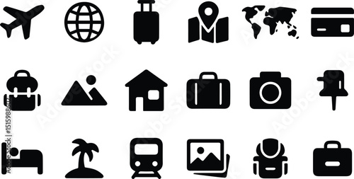 Global travel and tourism black icon set featuring transportation, destination, globe, passport, and luggage symbols