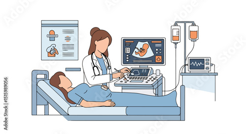 Adobe Illustrator Artwork Clear flat vector illustration of a pregnant woman receiving a USG ultrasound examination by a female doctor. Highlights prenatal care and medical technology