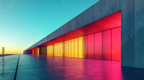 Colorful glass windows reflecting sunset on modern building