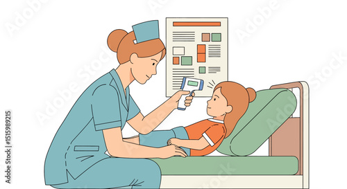 Gentle flat vector illustration of a nurse checking a young girl's temperature with a non-contact thermometer in a hospital setting. Ideal for pediatric and medical care